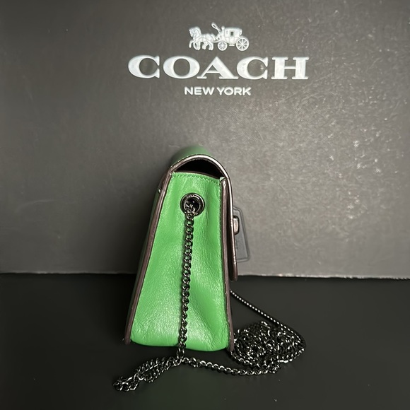 Coach Green Leather Turnlock Crossbody Chain Gunmetal Purse Handbag Feather Star - Picture 5 of 10